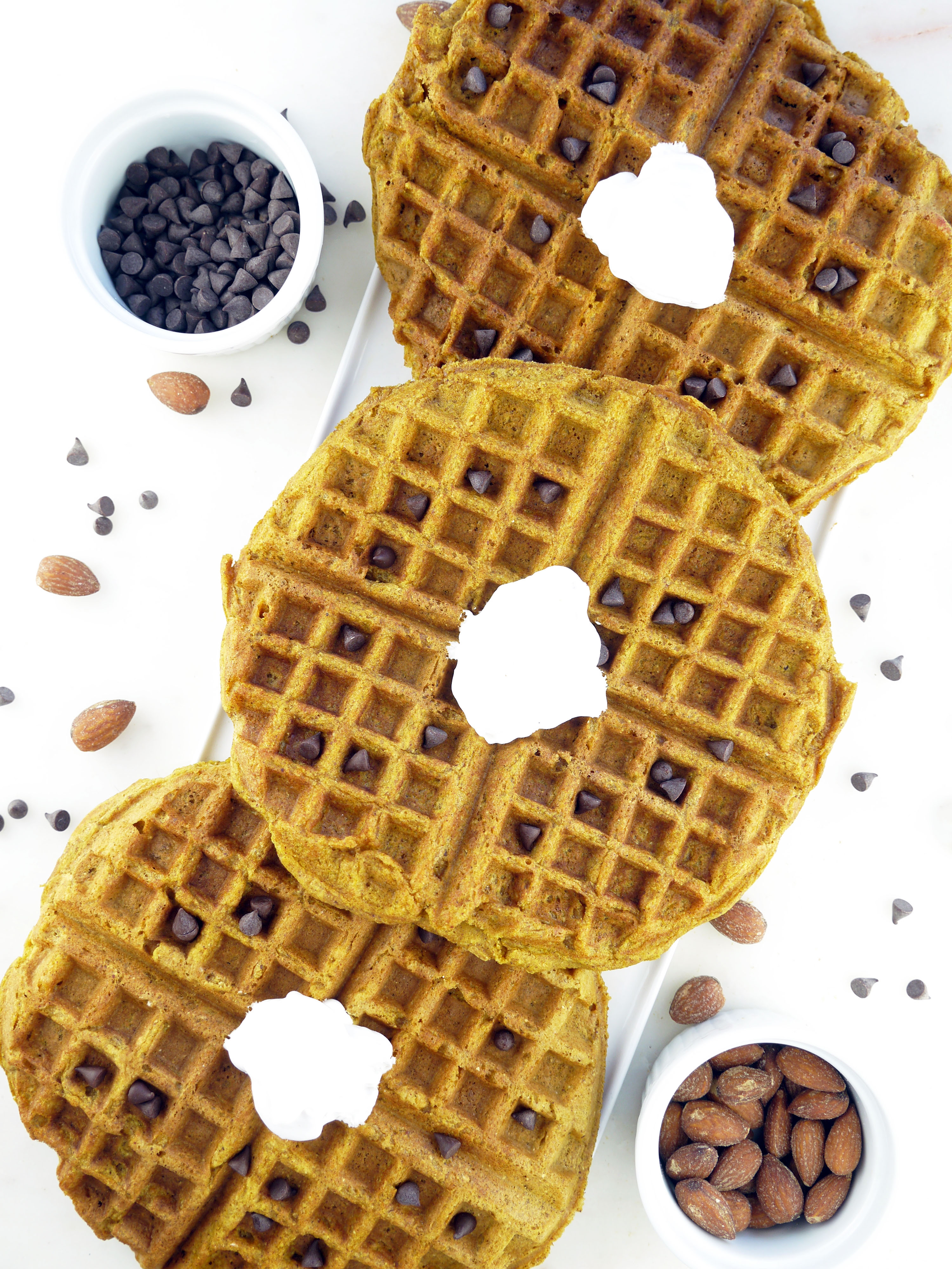 Pumpkin Almond Butter Waffles Naturally More's Roasted Almond Butter made with probiotics and flaxseeds
