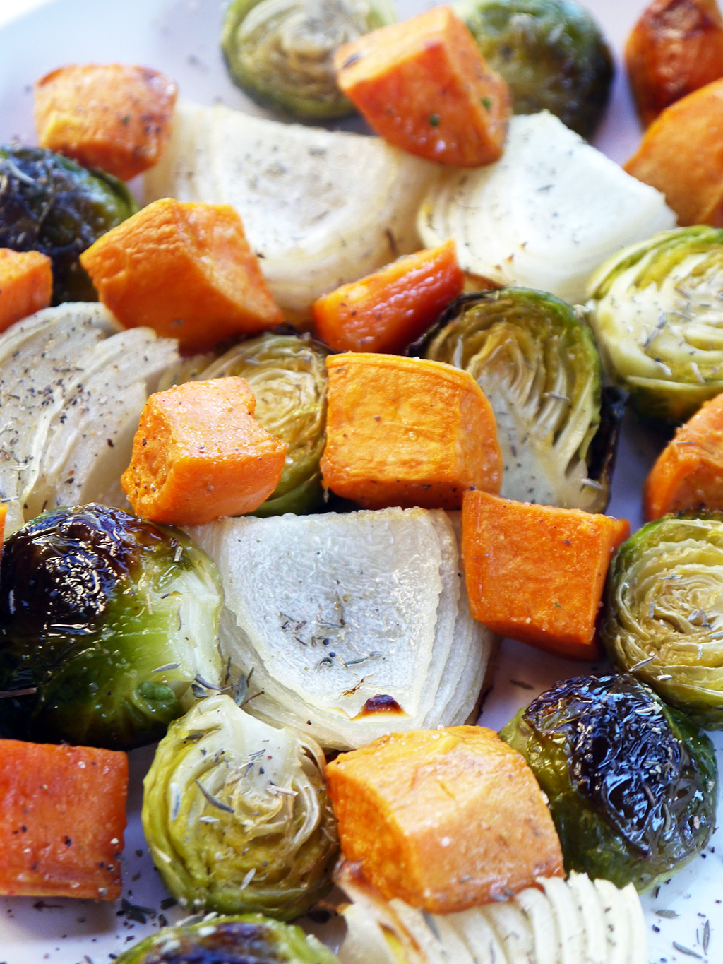 Roasted Brussels, Onion and Sweet Potato
